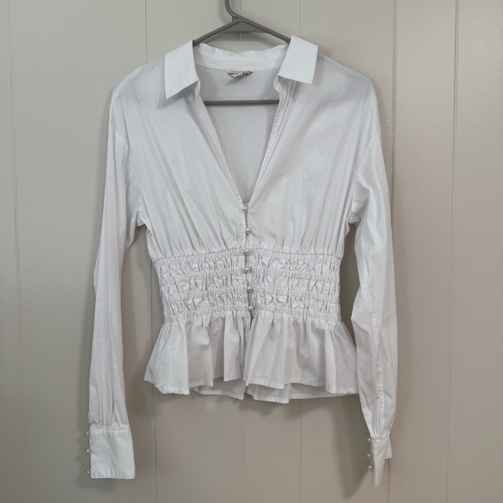 Guess White Smocked Peplum Blouse